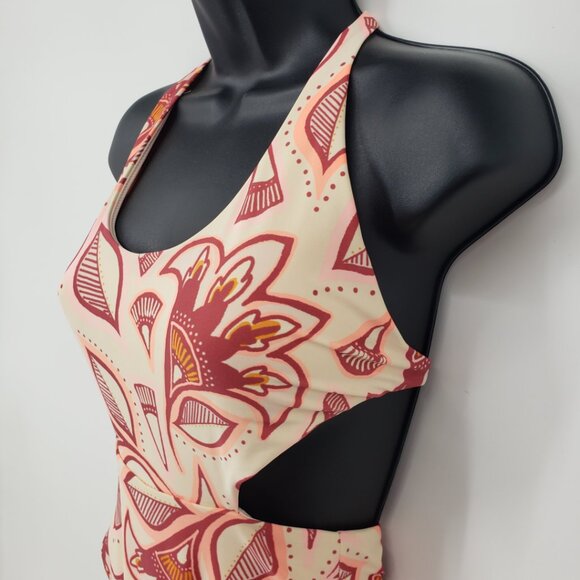 Aerie Boho Floral‎ Print Cut Out Open Back One Piece Swimsuit S  Peach Red - Picture 7 of 10